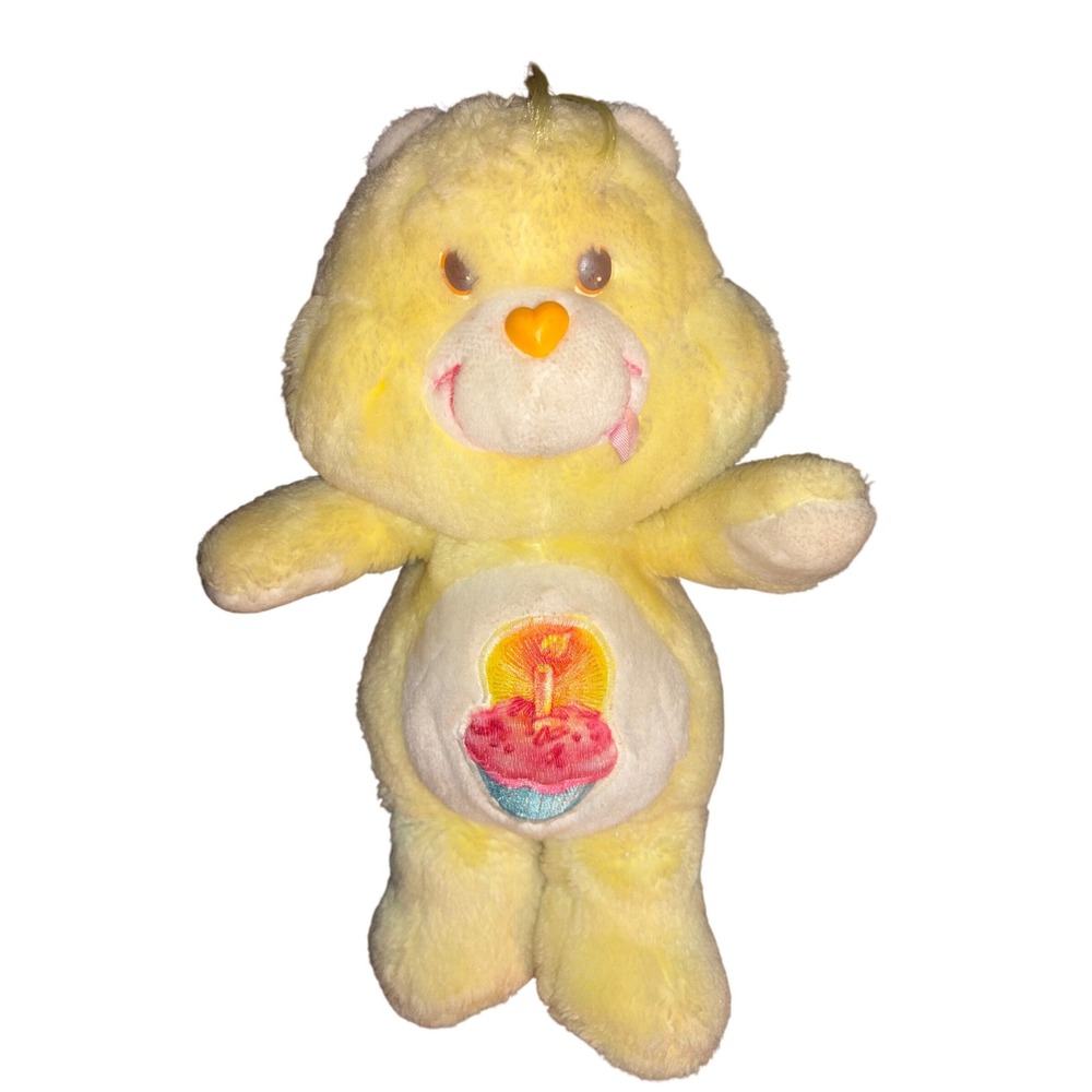 Vintage 80s Care Bears Birthday Bear‎ Plush Yellow Kenner 13" Toy 1983 STAINED